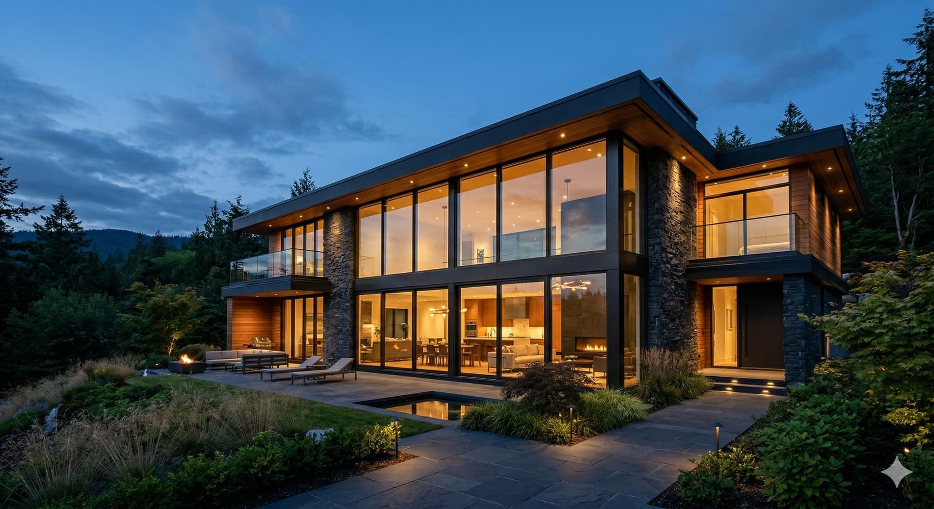 Luxury custom home at dusk with floor-to-ceiling European windows