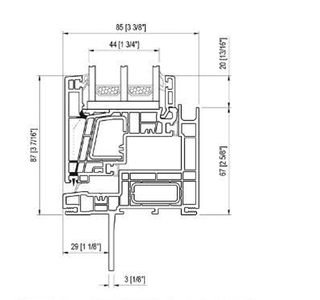 Cross-section of a European outswing uPVC casement: 85 mm frame depth, 46 mm glazing rebate, steel reinforcement, and the integrated nailing fin set 29 mm back from the face
