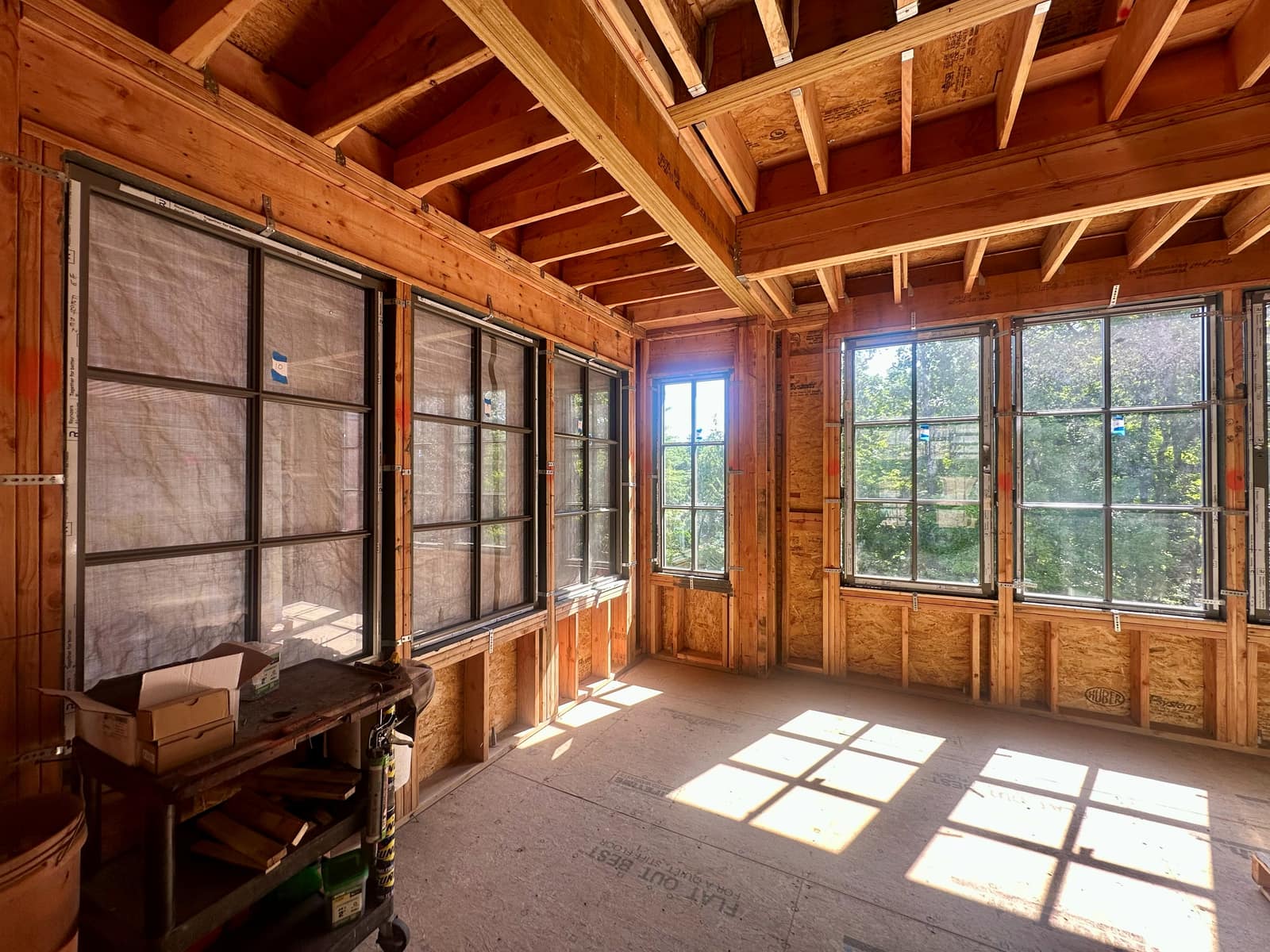 Interior with steel-look units on three sides of the room.