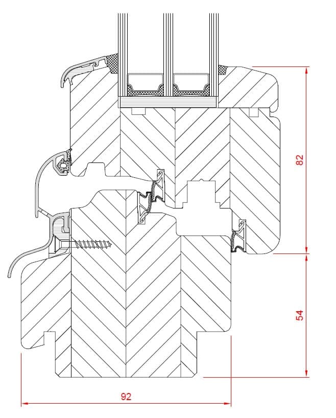 Cross-section of the Strongline wood window: 92 mm laminated frame and sash, three sealing lines, triple glazing unit and double drip cap
