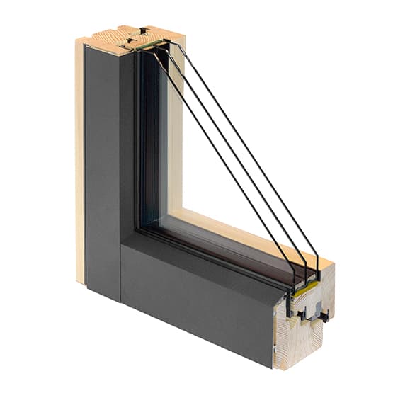 Cutaway of an aluminum-clad wood window: three-layer laminated timber frame and sash with the extruded aluminum shell clipped to the exterior