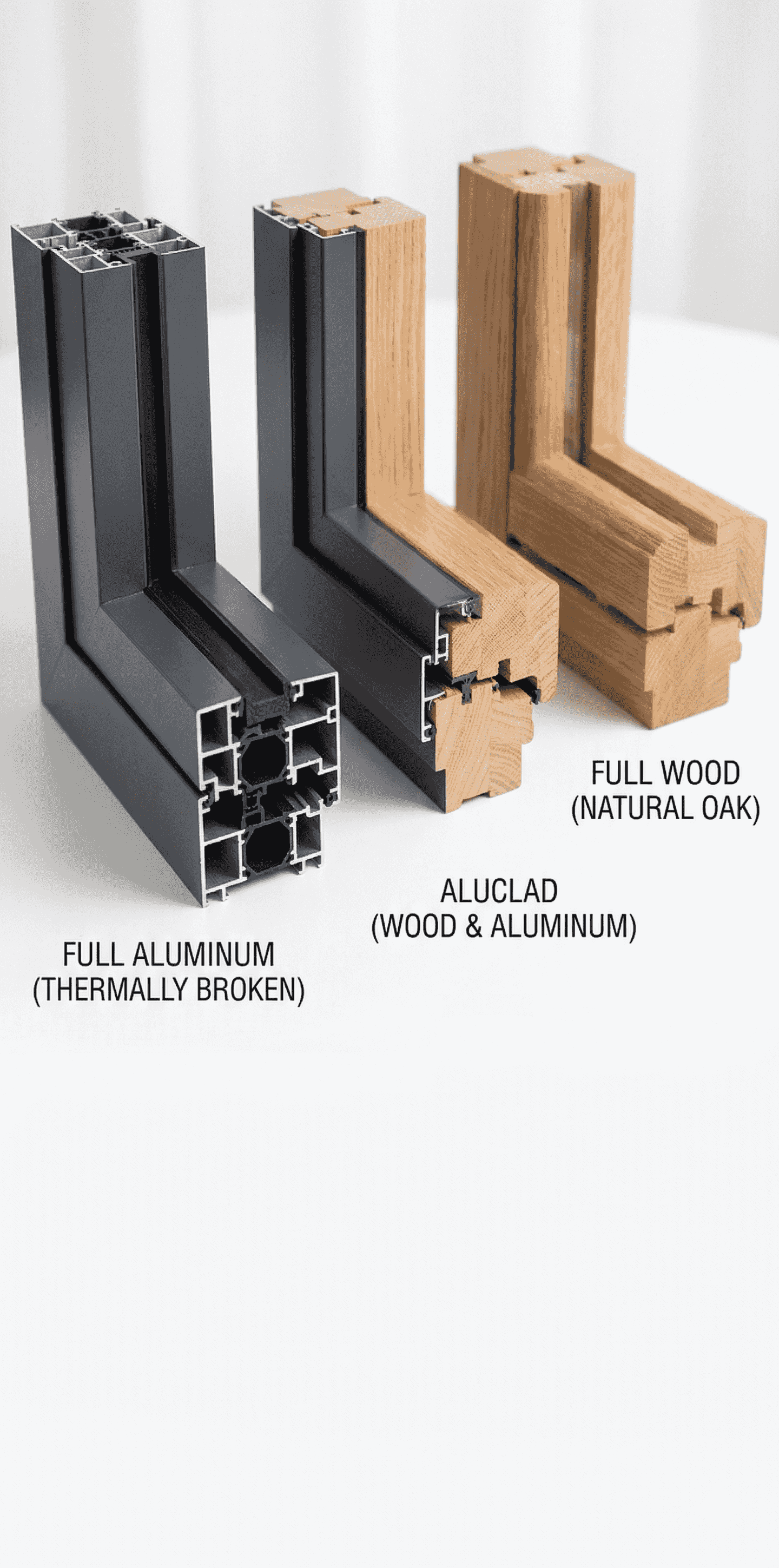 Three window frame corner cross-sections side by side: aluminum, aluclad, and wood