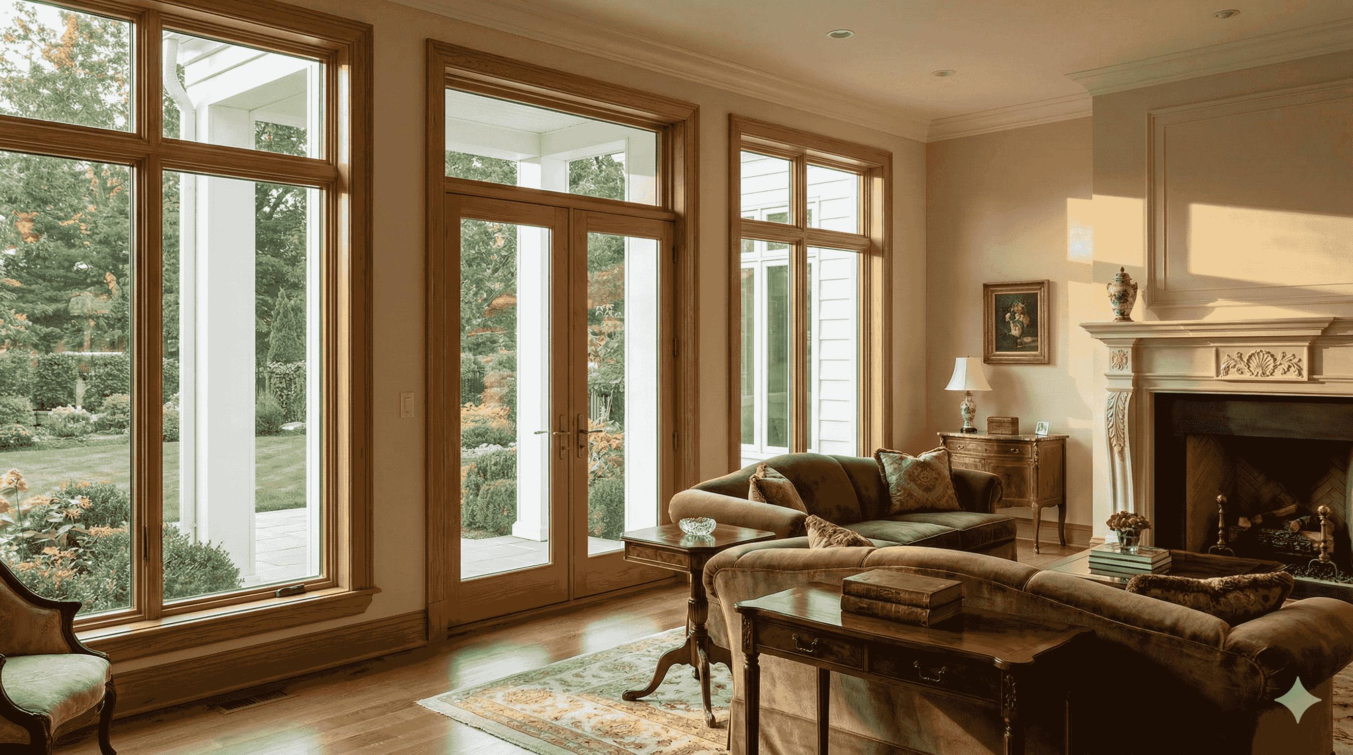 Luxury traditional living room with aluclad windows showing warm natural oak wood frame interior