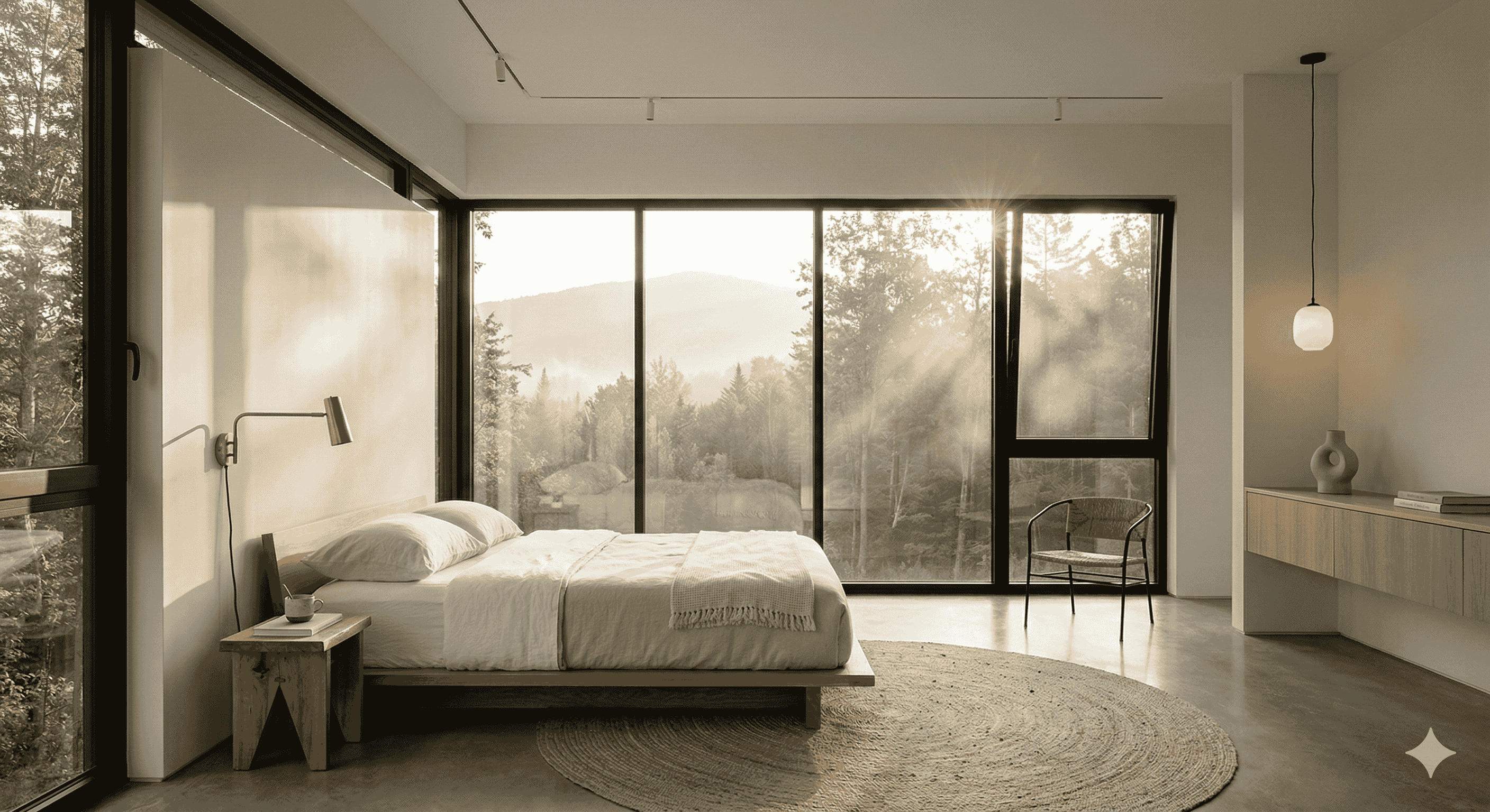 Modern bedroom with floor-to-ceiling aluminum tilt-turn windows and ultra-slim black frames