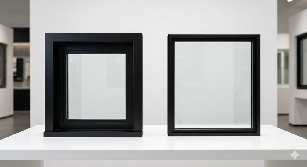 Chart comparing visible frame widths of five popular U.S. premium aluminum window brands versus five European aluminum system providers, with measurements in inches and a visual scale bar showing the sightline difference