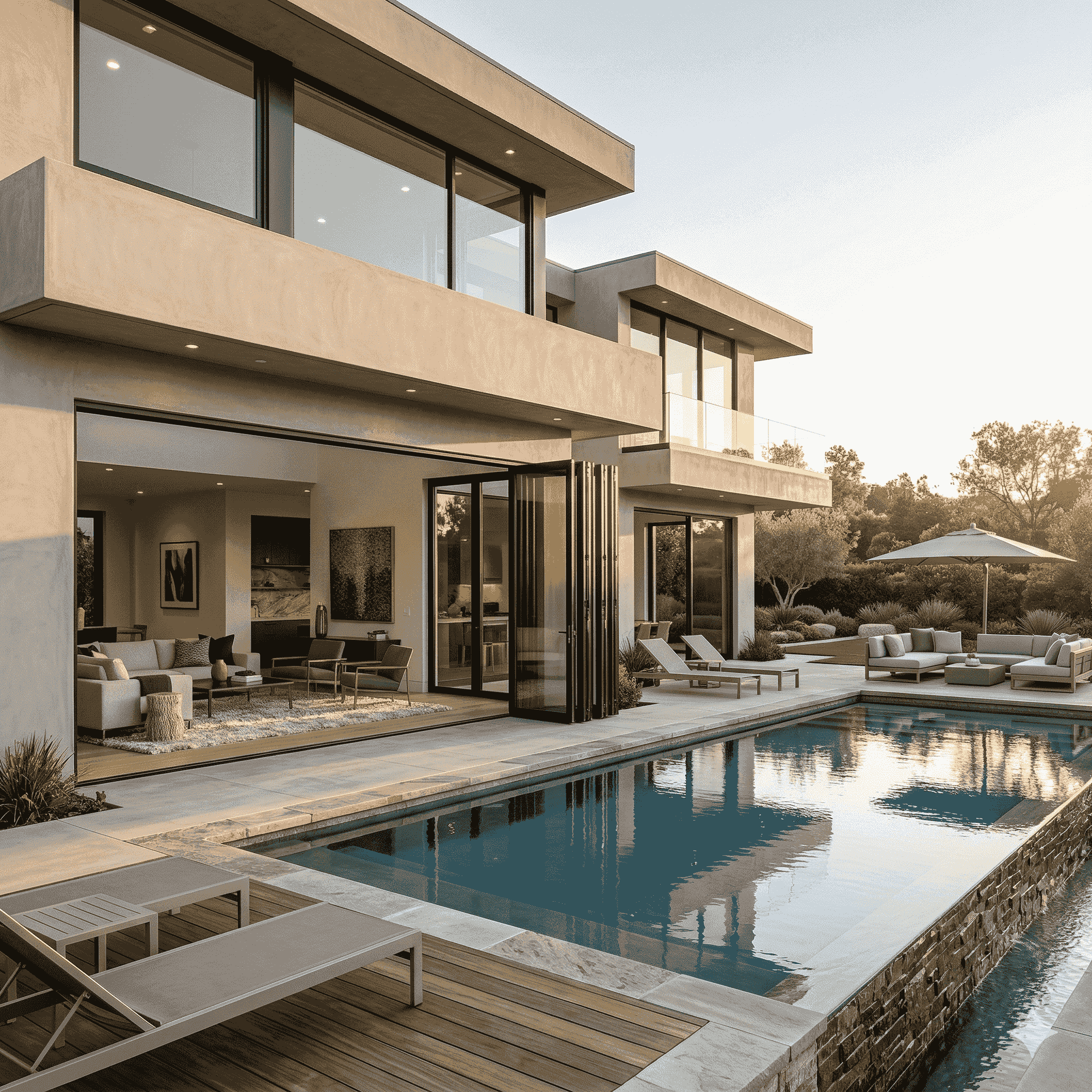 Modern luxury home with a large bi-fold door system fully opened showing seamless indoor-outdoor transition