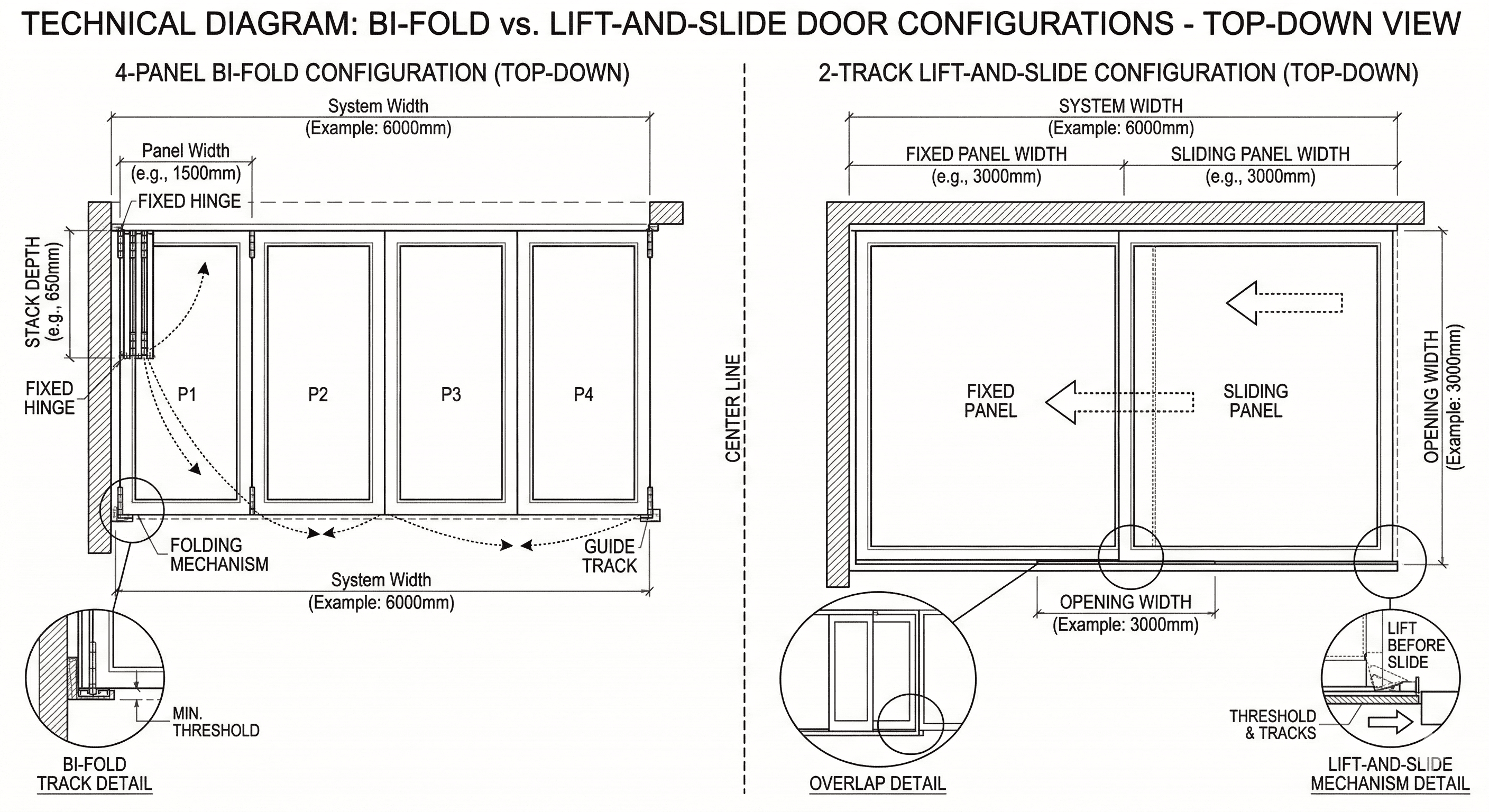 Technical top-down diagram comparing bi-fold and lift-and-slide door configurations
