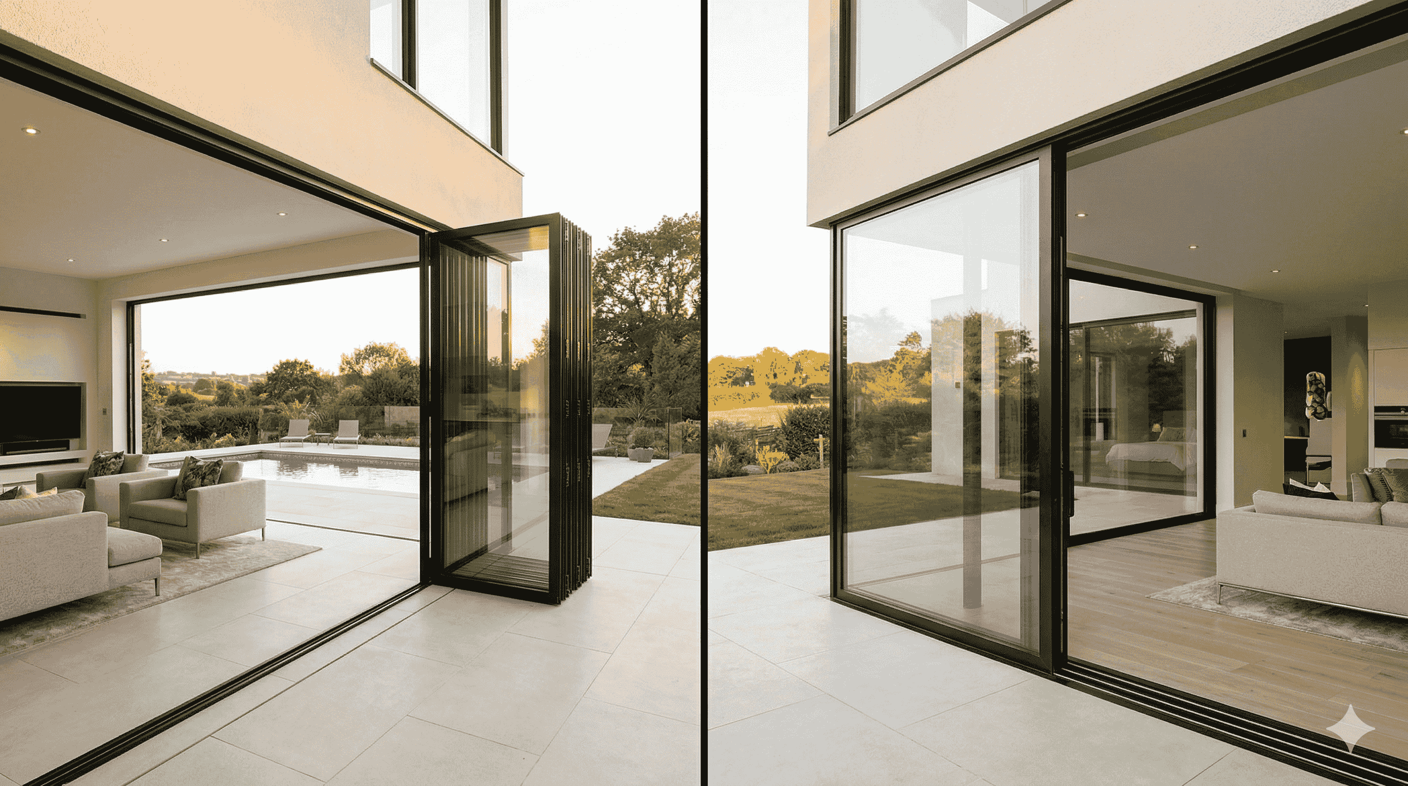 Split-view comparison of a bi-fold door system and a lift-and-slide door in a luxury residential setting
