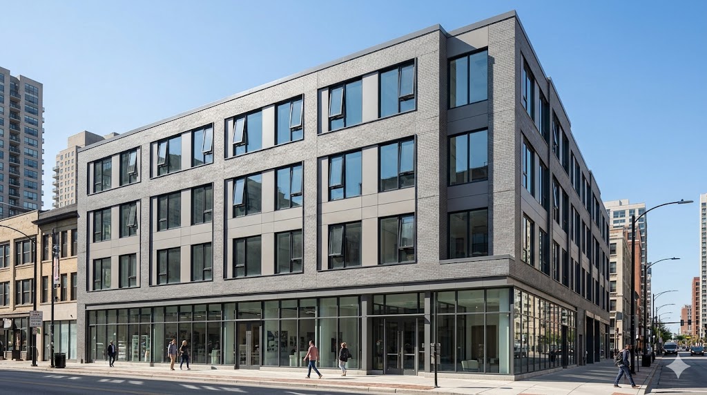 Facade elevation diagram comparing a full curtain wall building, a punched-opening building, and a hybrid podium-plus-tower design, with WWR percentages and U-factor zones labeled