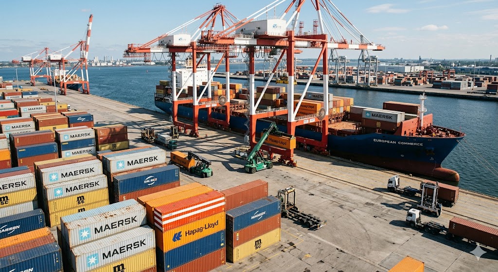 Container port with European window crates being unloaded and inspected