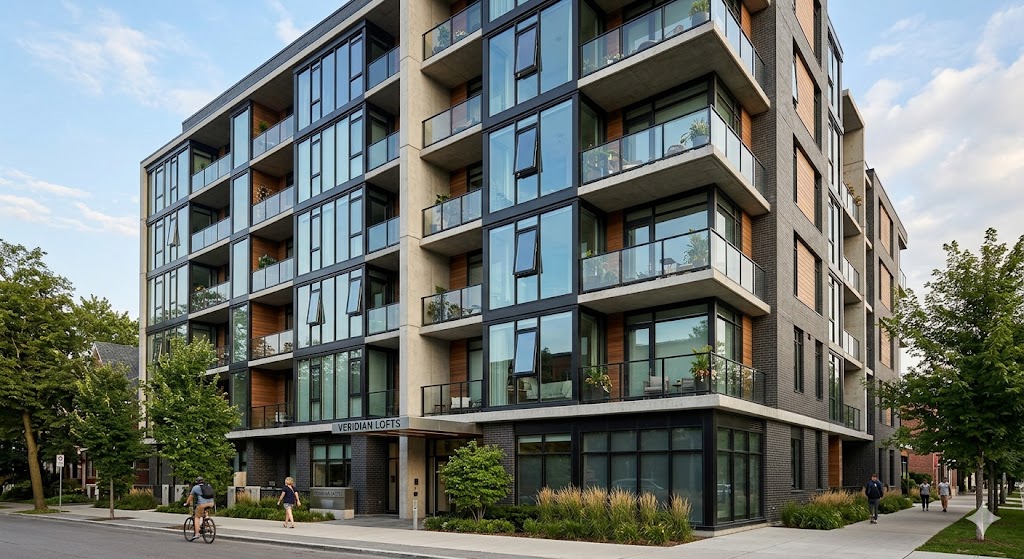 Exterior photo-style rendering of a modern multifamily building facade featuring European aluminum windows with slim black frames, floor-to-ceiling glazing, and a mix of fixed panels and tilt-turn units