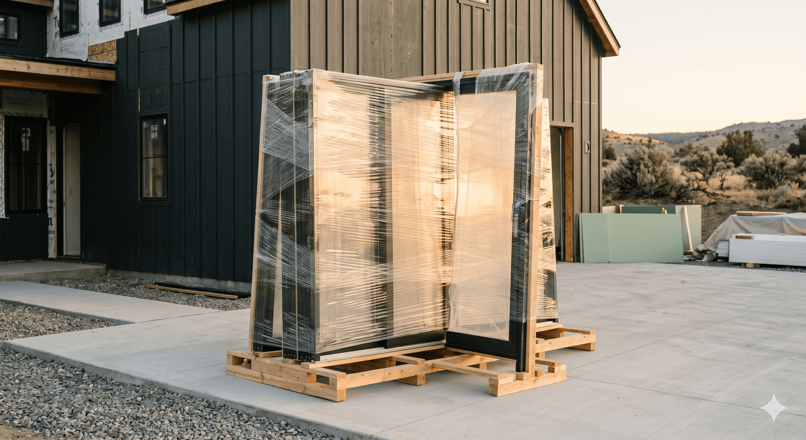 A protected European window package on a custom wooden shipping cradle in front of a modern dark-clad custom home at golden hour