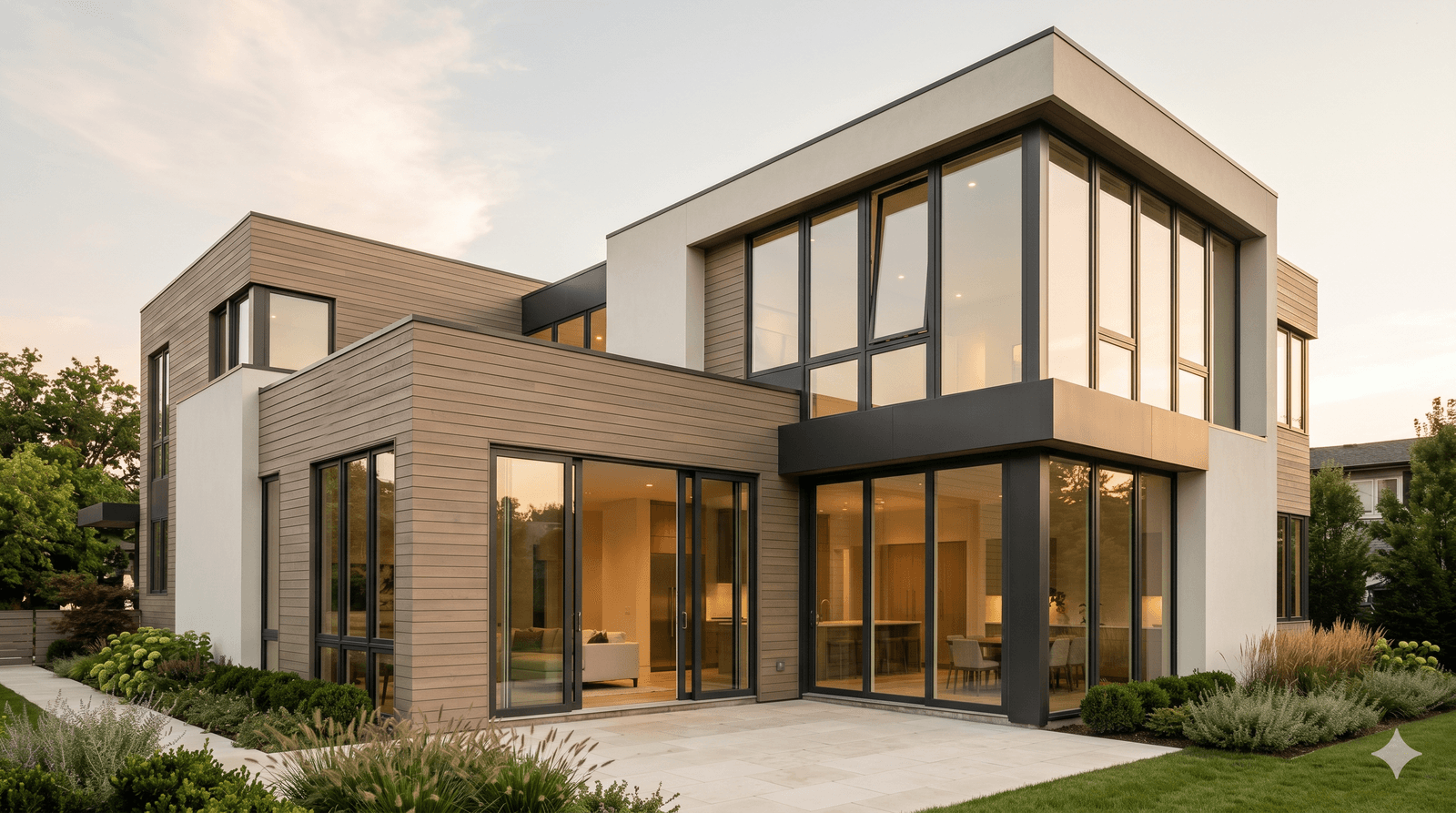 Modern custom home exterior with floor-to-ceiling European tilt-turn windows and lift-and-slide doors at golden hour