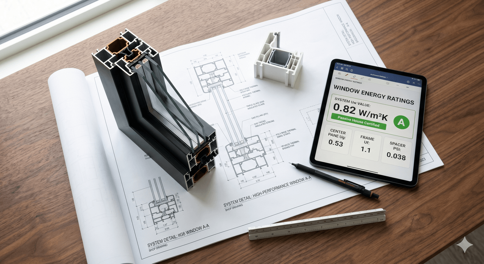 Aluminum window frame sample on architect's desk with shop drawings and a tablet showing performance ratings