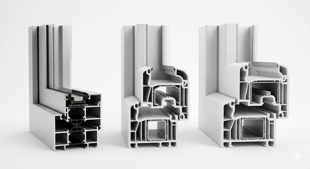 Side-by-side cross-section comparison of three window frame types: European thermally-broken aluminum (slim profile with polyamide thermal break), European PVC (multi-chamber profile), and American vinyl (wider reinforced profile), with labeled dimensions and thermal break details