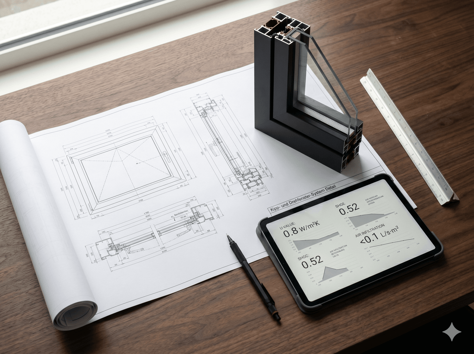 Shop drawings, an NFRC label, and a matte black aluminum frame profile sample on a designer's walnut desk