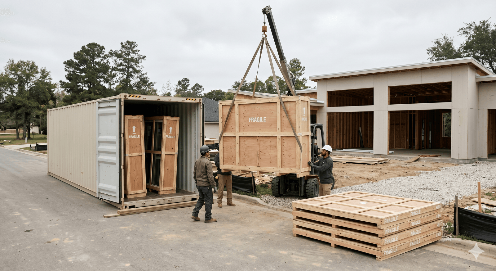 European window crates being carefully unloaded from a 40-foot ocean freight container at a U.S. residential construction site
