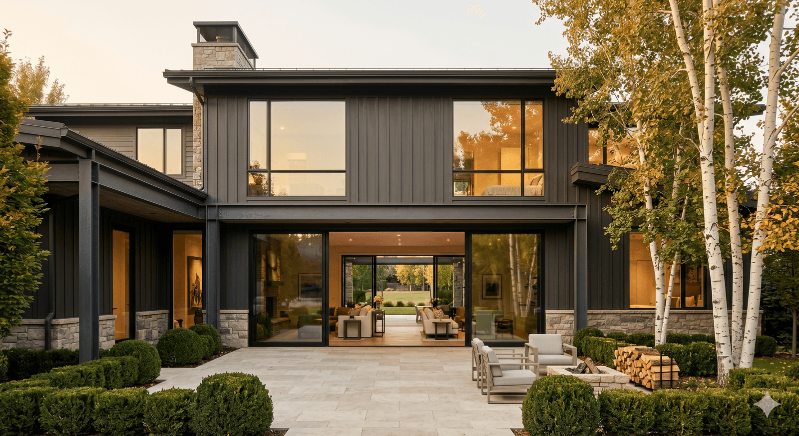 Modern American custom home exterior at golden hour with oversized European lift-and-slide aluminum doors and large tilt-turn windows