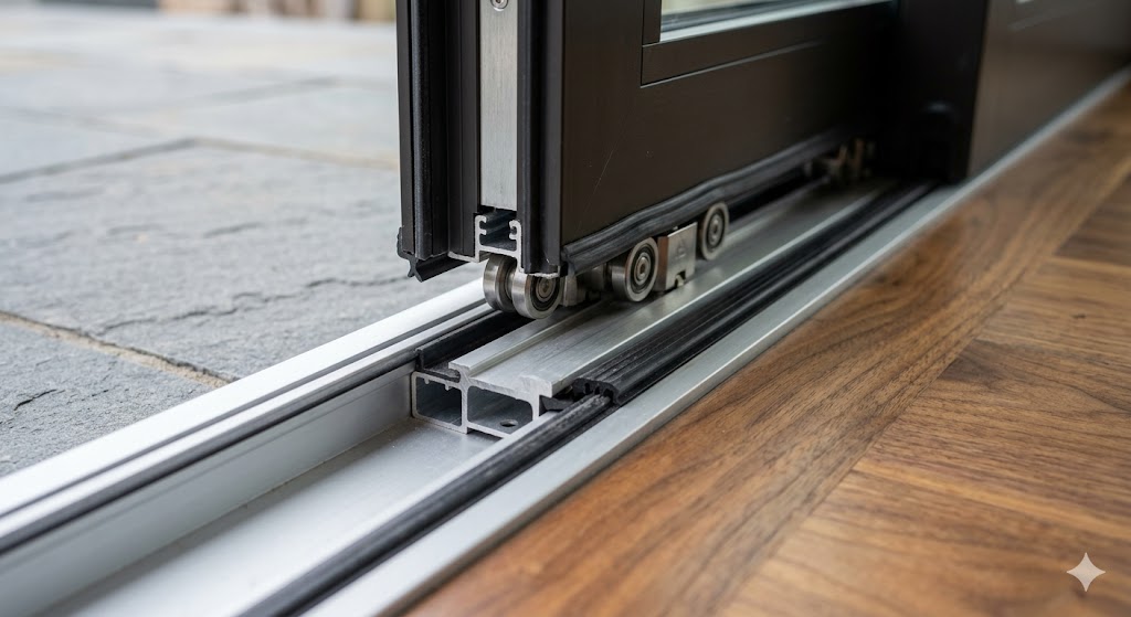 Cross-section of a lift-and-slide door sill showing drainage channels, weep paths, sill pan integration, and compression seal engagement in closed position