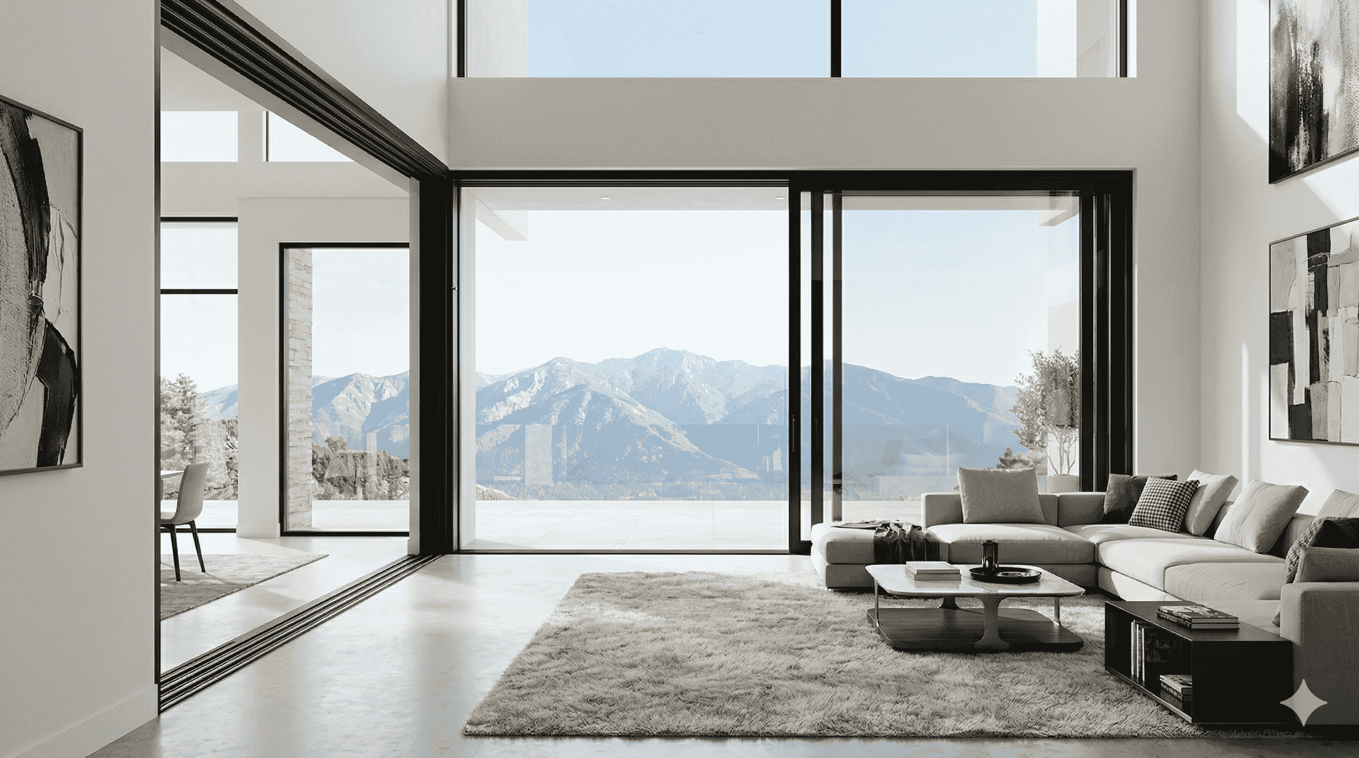 Luxury modern living room with a massive lift-and-slide door showing minimal black aluminum frame