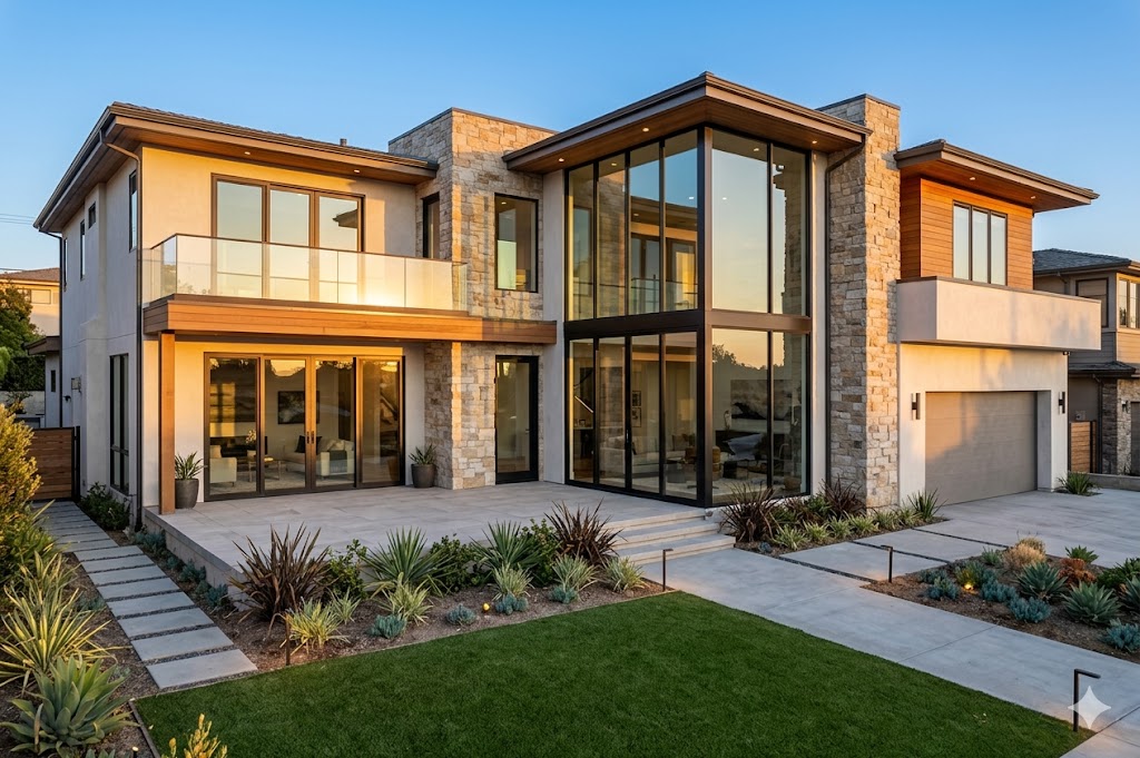 Luxury home interior with floor-to-ceiling European aluminum windows providing expansive views
