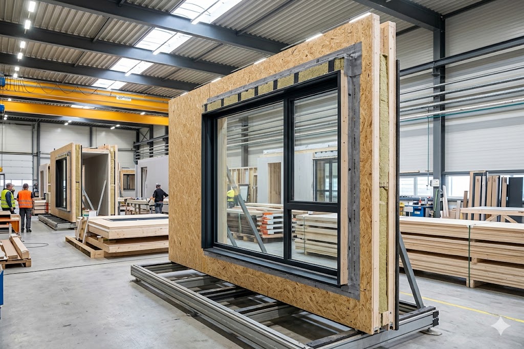 Isometric cutaway diagram showing a volumetric module with a factory-pre-installed window cassette, including thermal break, IGU, perimeter flashing, and transport bracing clip
