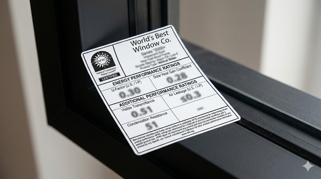 Annotated diagram of an NFRC label showing U-factor, SHGC, and VT fields mapped to their roles in energy code compliance