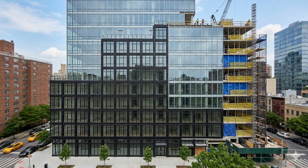 Annotated photo of a curtain-wall-to-residential retrofit bay mockup showing steel-look tilt-turn insert, retrofit receiver clip, and acoustic laminated IGU cross-section