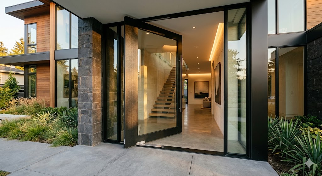 Luxury European pivot door in a modern residential entrance