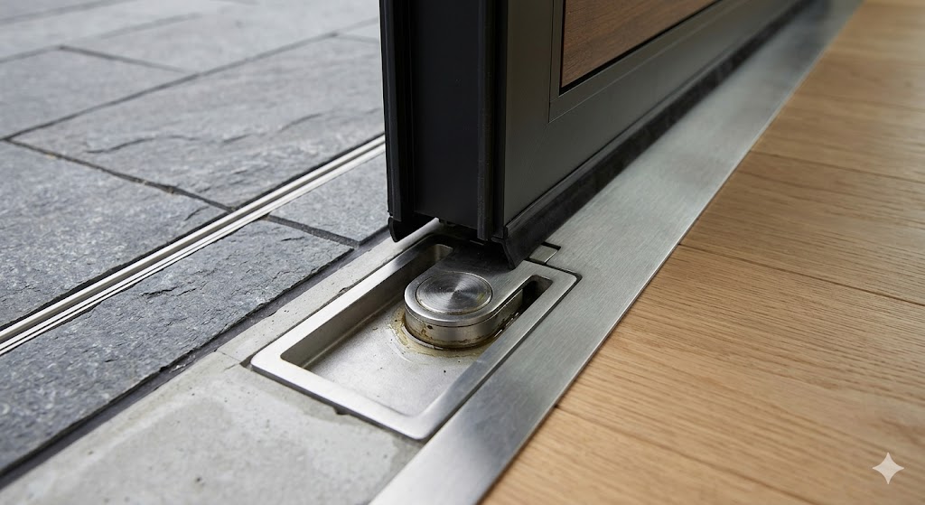 Cross-section detail of a pivot door threshold showing recessed drainage channel, automatic drop-seal mechanism, sill pan flashing with back-dam, and finished floor transition