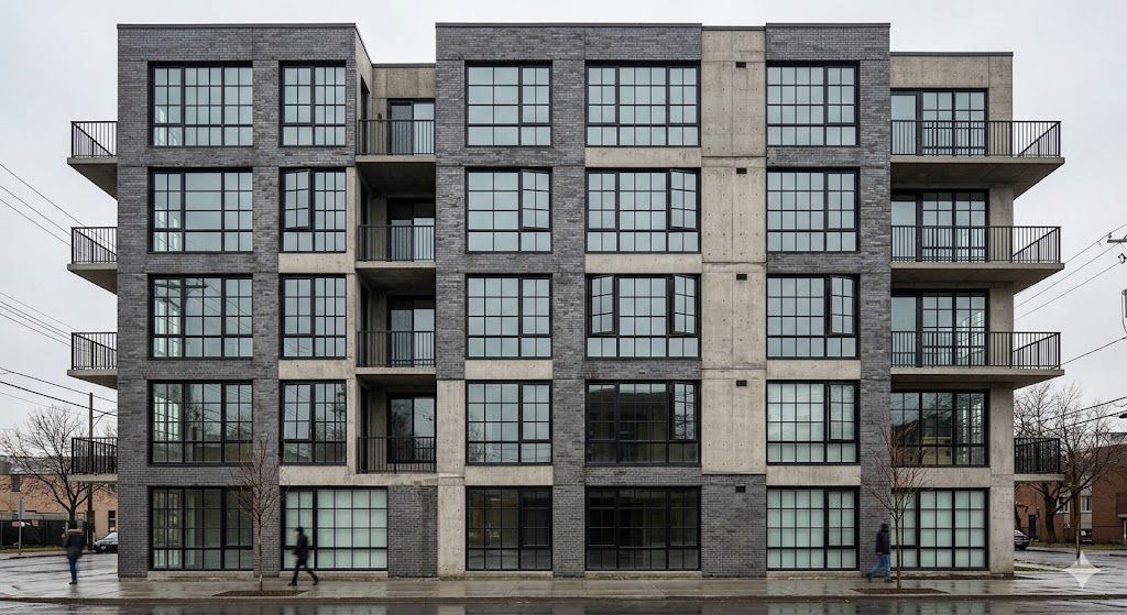 Facade elevation rendering showing a grid of steel-look aluminum windows on a multifamily building - alternating fixed and tilt-turn units with consistent muntin alignment and matte black finish