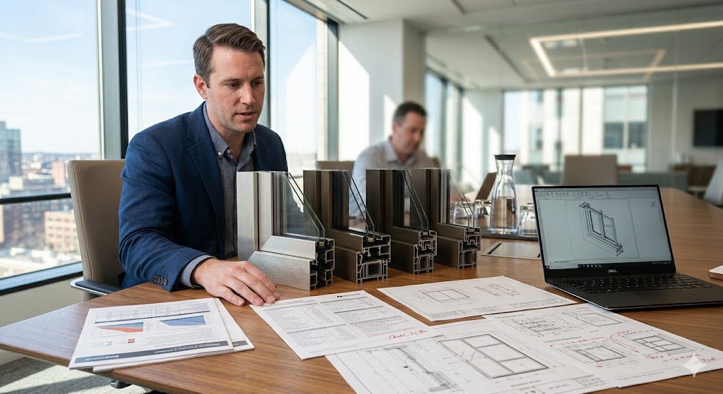 Professional reviewing aluminum window sample profiles and documentation on a conference table during supplier evaluation