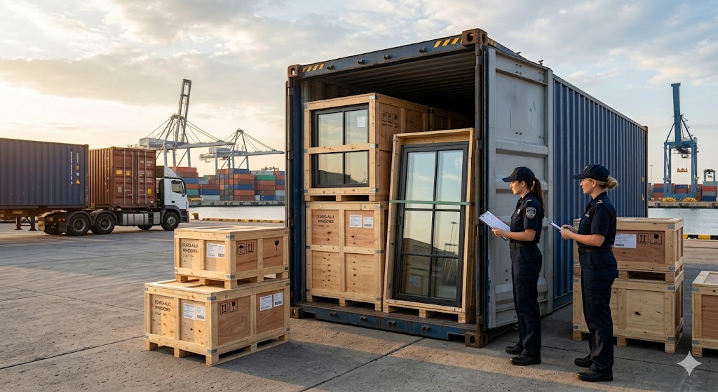 Shipping container at a U.S. port being opened to reveal carefully crated European aluminum windows, with a customs officer nearby