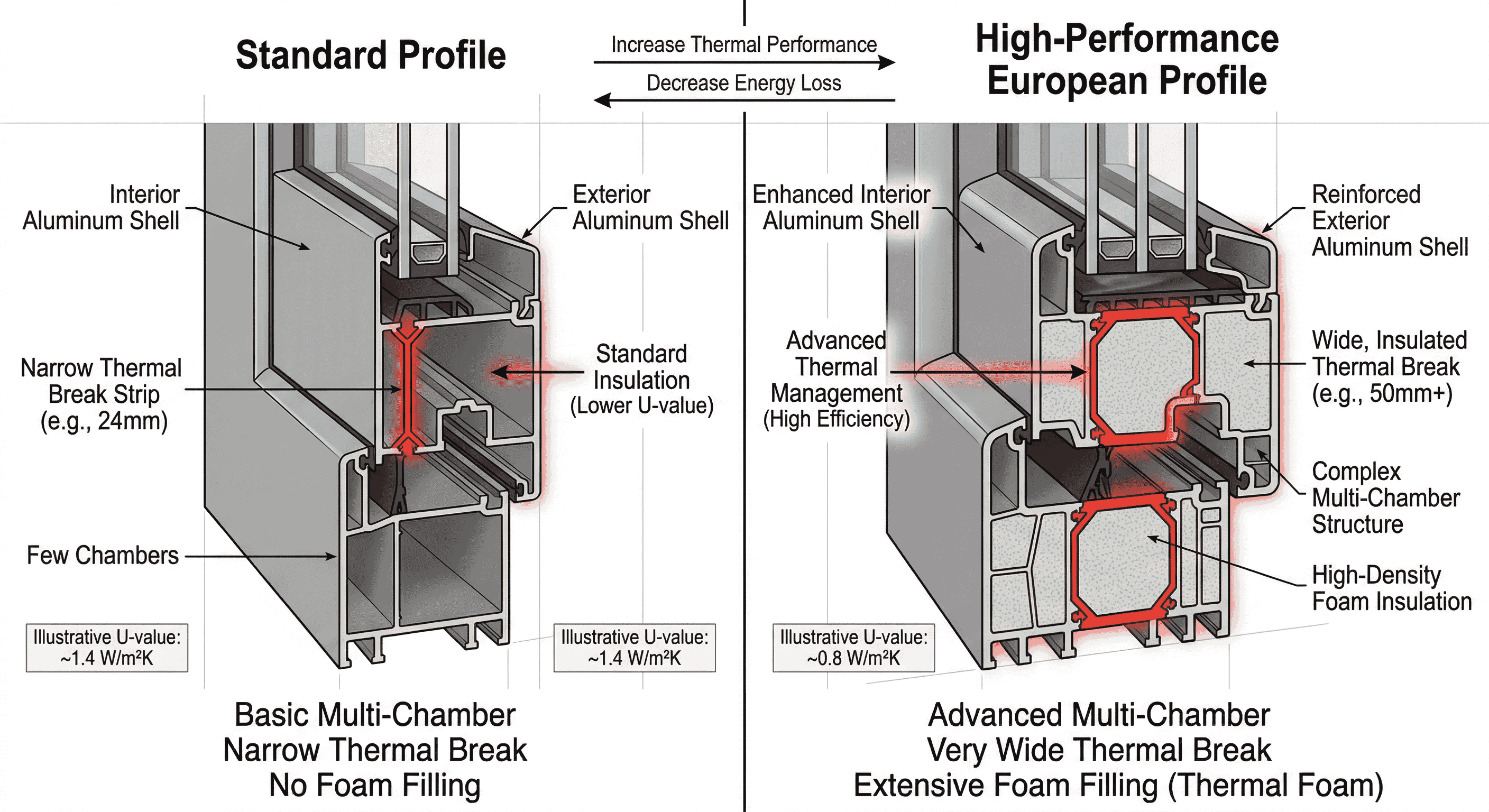 Side-by-side comparison of a standard thermally broken profile and a high-performance European profile