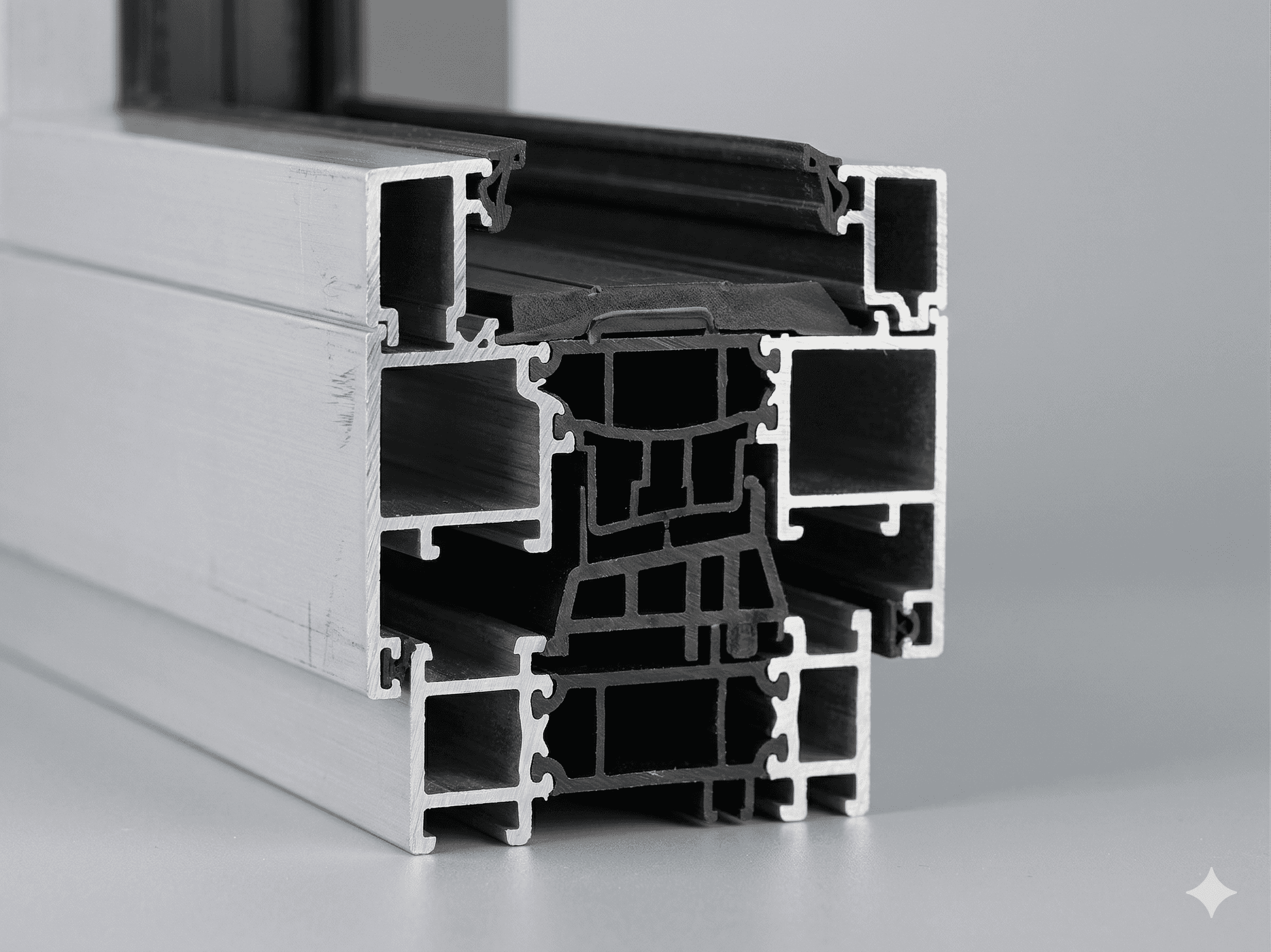 Close-up cross-section of a thermally broken aluminum window profile