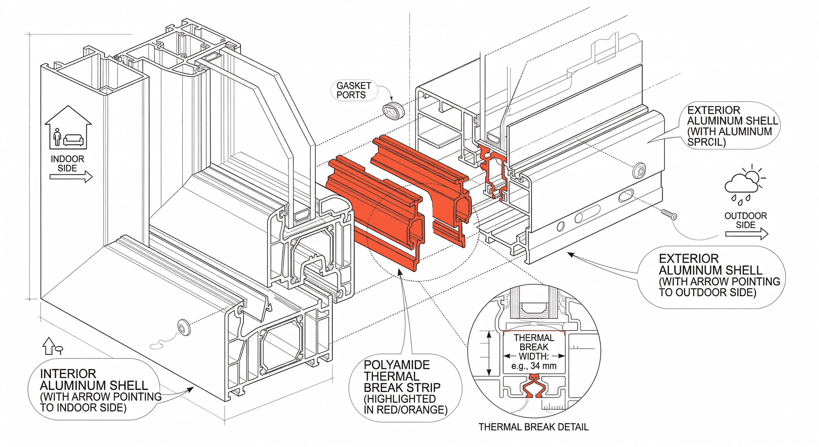 Exploded diagram of a thermally broken aluminum profile showing exterior shell, polyamide thermal break, and interior shell