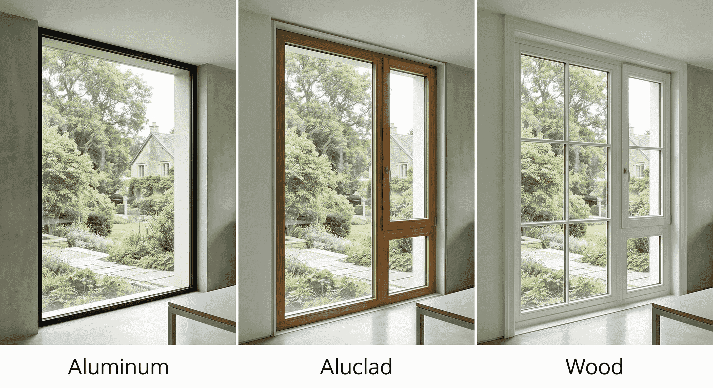 Three-panel comparison showing the same opening with aluminum, aluclad, and wood frames