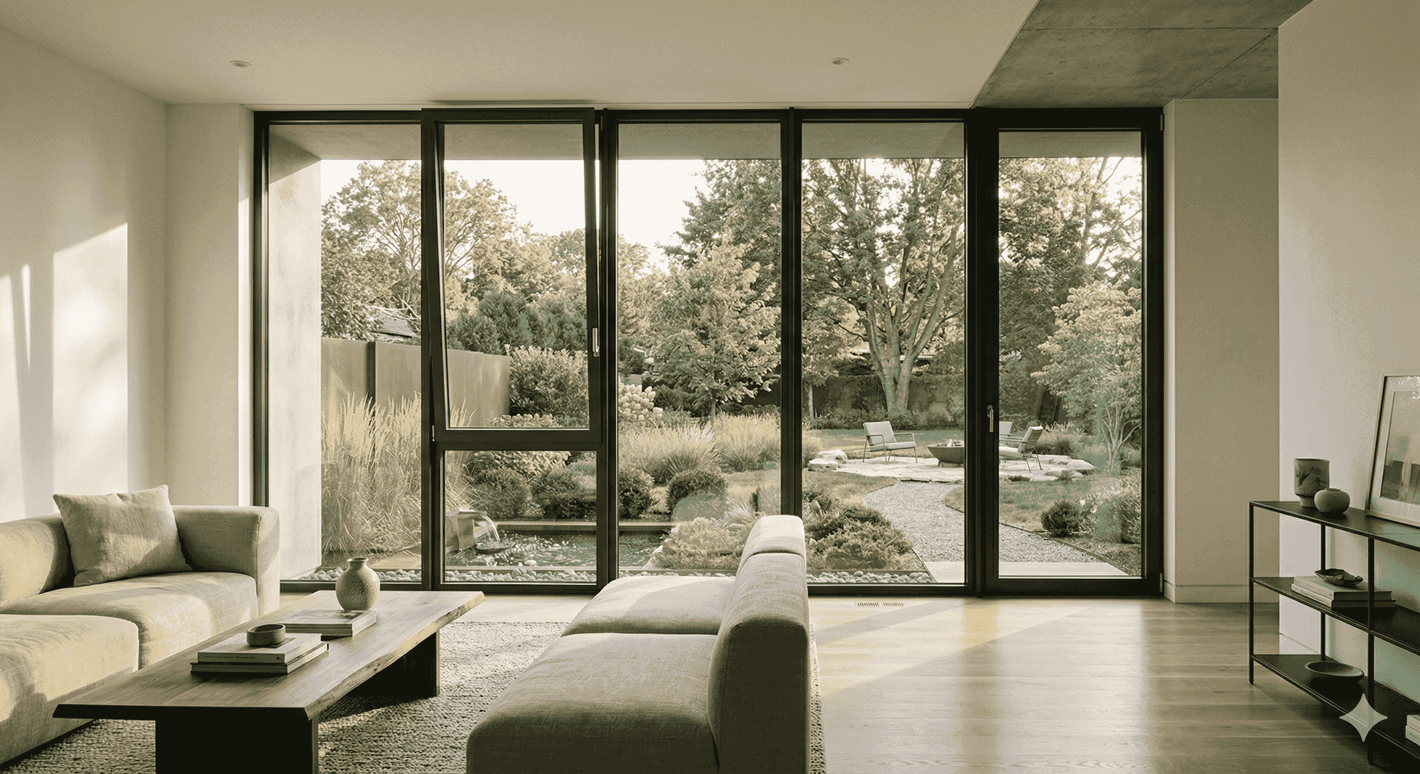 Luxury residential interior with large floor-to-ceiling tilt-turn windows and slim aluminum frames