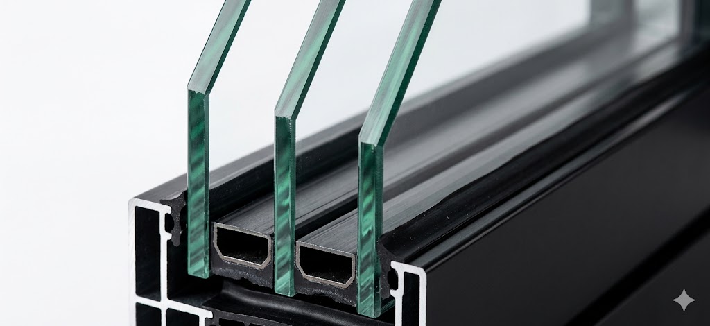 Cross-section diagram comparing a double-glazed IGU (two lites, one gas cavity) and a triple-glazed IGU (three lites, two gas cavities), with labels for low-E coatings, warm-edge spacers, argon fill, and overall thickness dimensions