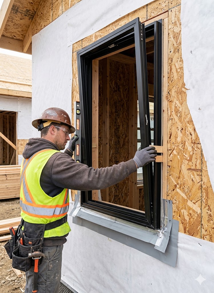 Cross-section of wall assembly showing WRB flashing tape sequence at jamb and sill, interior air seal, and low-expansion foam fill around aluminum window frame