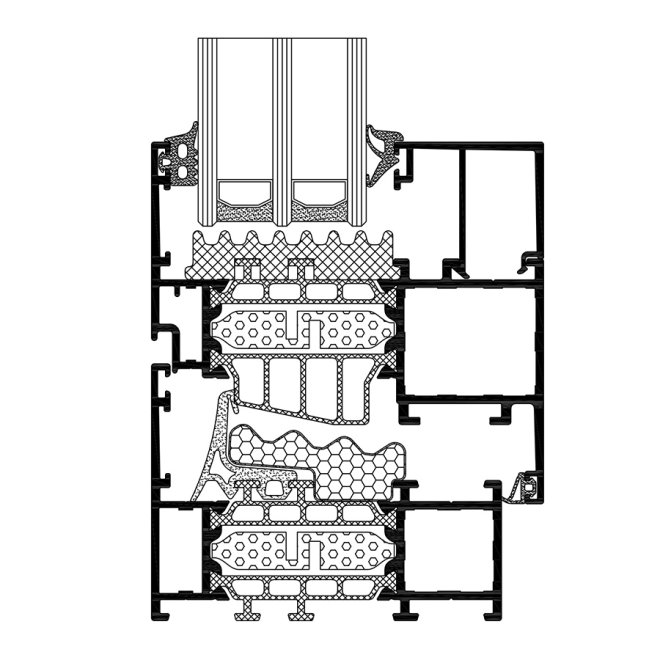 System-provider cross-section drawing of a European aluminum window profile with two polyamide thermal break strips and foam inserts in the insulated cavity between the aluminum shells