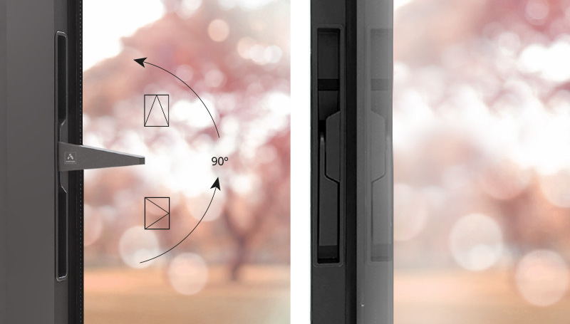 Arch Invisible handle shown swung out from the side of the sash with its 90 degree turn, and stowed flush inside the sash profile