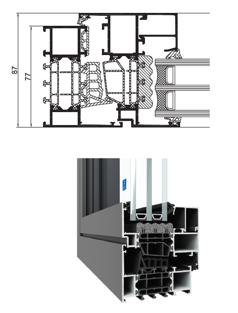 Cross-section of a thermally broken European aluminum window profile - polyamide strips between the inner and outer shells, triple-glazed unit in the sash