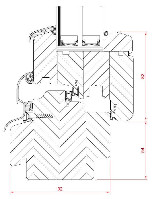 Section drawing of a 92 mm laminated wood window: three-layer laminated frame and sash, triple glazing, interior glazing bead, sealing lines and aluminum drip cap on the weather side